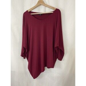 Eileen Fisher Women XL Maroon Top Burgundy 3/4 Sleeve Assymetric Wide Neck Comfy